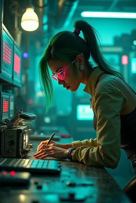 cyberpunk inventor, indian woman with green hair, in cyberpunk laboratory, working on cyberpunk invention, with cyberpunk glasses, sexy cyberpunk outfit, cybernetics on face