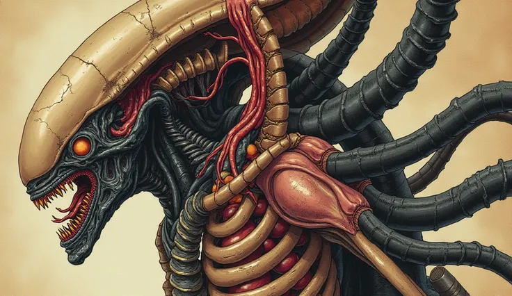 
An incredibly detailed and surreal illustration of a xenomorph creature, inspired by the works of HR Giger and reminiscent of Leonardo Da Vincis anatomical sketches. The xenomorph is dissected and displayed in a disturbingly accurate anatomical fashion, r...