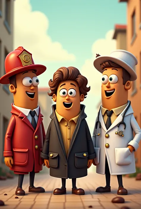 A coffee bean dressed as a fireman ,  another coffee bean dressed as a judge and another coffee bean dressed as a doctor in a cartoon