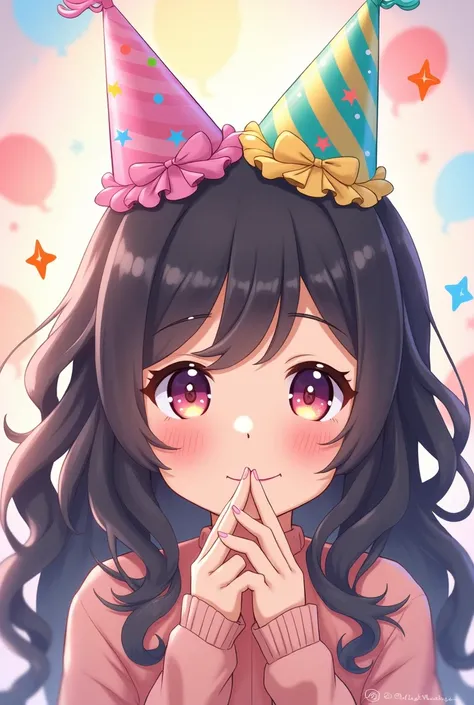 Girl with wavy hair with black curlers wearing anime birthday hat