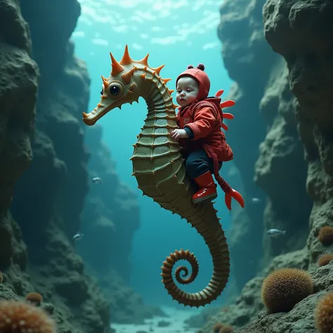  extremely hyper realistic ultra natural photo of a sturdy spiny seahorse Hippocampus histrix with prickly textures, carrying a human baby wearing a crustacean-themed outfit in red and black , navigating an underwater rocky canyon filled with crevices .