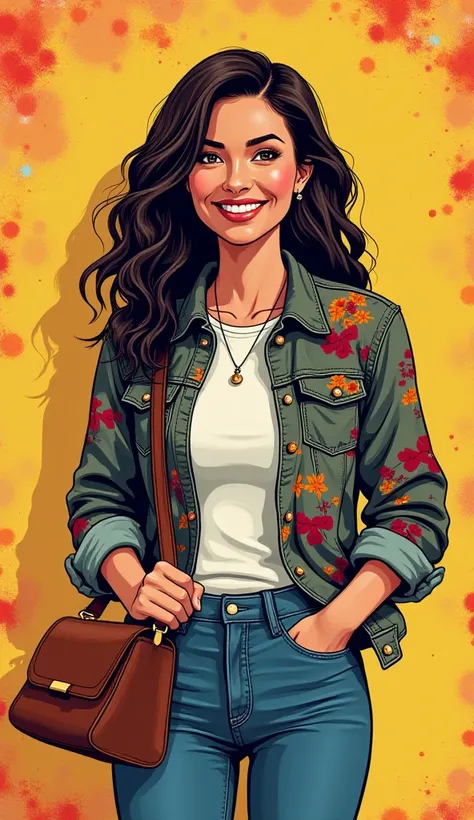 DISCREET image. with discreet casual clothes with diferent styles. image adult woman, american, comic book style. SHE IS HAPPY AND GRATEFUL, with a discreet smile. IMAGES WITH VIBRANT COLORS.