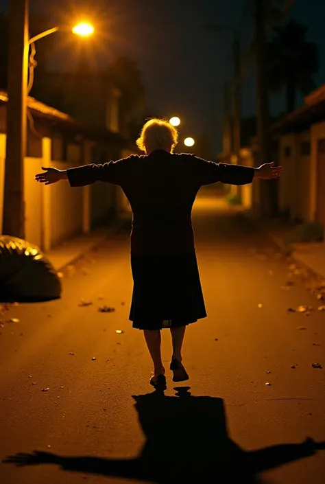 At night on a quiet street illuminated by warm streetlights, an elderly woman is dancing eerily with her feet together and arms stretched out like airplane wings. She is standing with her back to the viewer, her face hidden, adding an unsettling and ghostl...