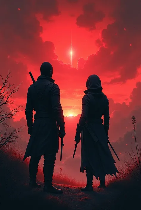 Make an image where two ninjas appear watching the Christmas horizon, type in hell and aliens 