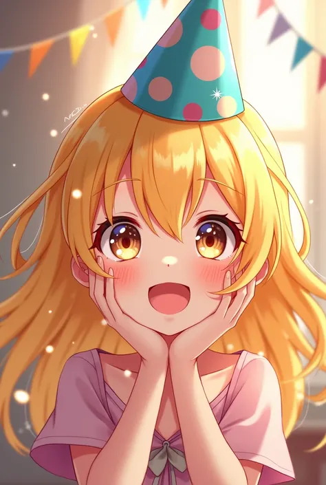 Girl with bright blond hair with light brown eyes wearing anime birthday hat