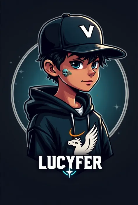 Create a mascot logo where the mascot is a dark-skinned gamer boy with a black cap with a V and a black sweatshirt with a pegasus and under the boy you have the letters "LUCYFER " And with a skull tattooed on his cheek 