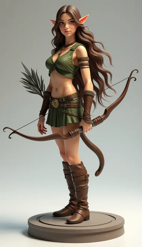 miniature figure d&d style young woman elf ranger, with innocent look, sharp details, perfect proportions, long brown hair, brown and green kaki tight outfit with short skirt, holding a magical bow, long brown boots, detailed, colors, sharp details, holdin...