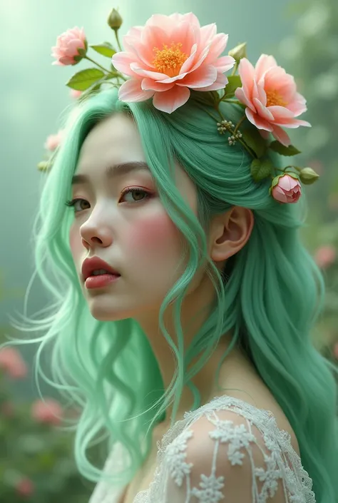 A woman of average build ,  with green hair ,  pastel pink skin and who has a living flower on her head