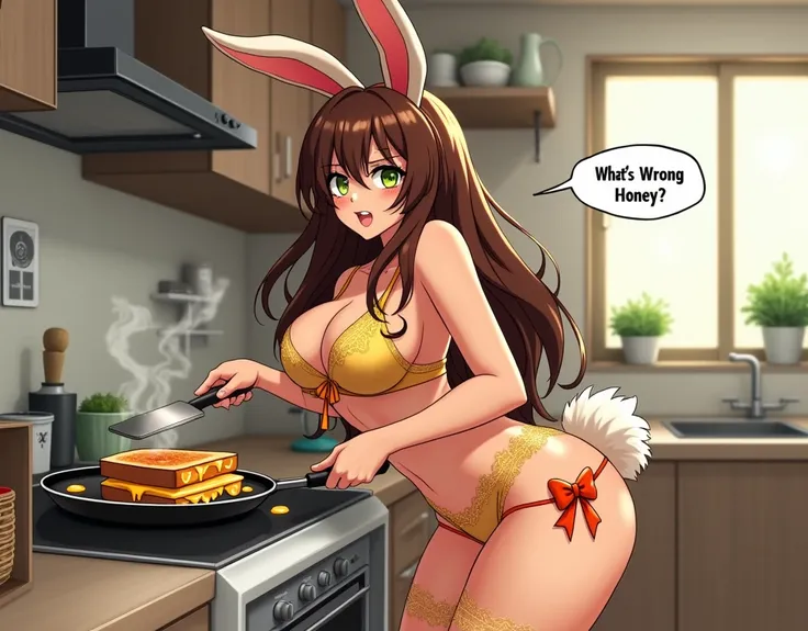 ((Sexy Seductive Fury Bunny Girl with Tan Fur, Fluffy big bunny tail,bright green eyes, long shiny brown hair, long lashes, wearing a tight sailor fuku barely containing her big breasts,big chesty, deep cleavage, wide hips, sassy girl,lace yellow panties w...