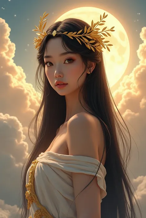  A realistic image of a Greek goddess with Asian features,  straight black hair with a golden olive crown , sharp face and big eyes ,  posing on Olympus surrounded by clouds and a heavenly sky  