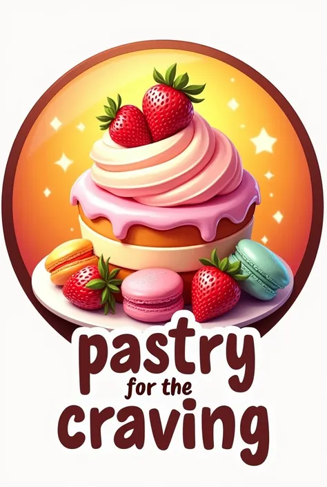  Create a logo with a play of colors in orange and yellow  ,with a circle that has a cake in the center ,strawberries with cream , macaroni and has a text that says  " Pastry for the craving ".