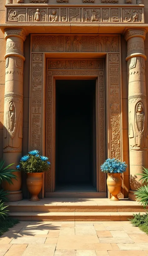 A beautifully adorned Egyptian tomb with a vase of blue lotus flowers placed near the entrance, symbolizing rebirth and eternity."