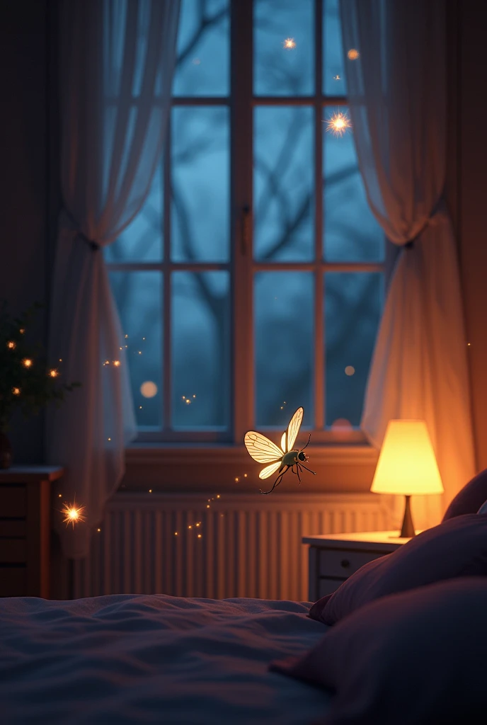 A firefly and glow-moth in a room with open windows 