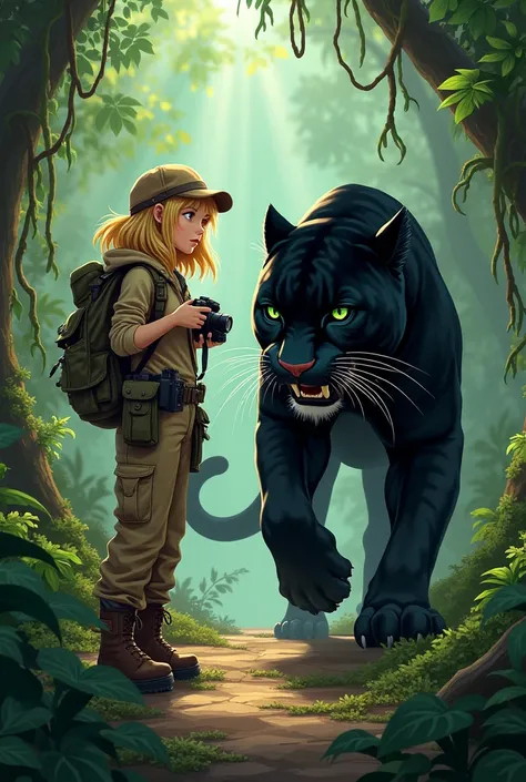  Female biologist with green eyes and blond hair on her shoulder , round face, dressed as an explorer in the jungle ,  with a reflex camera in her hand and an angry green-eyed black jaguar next to her