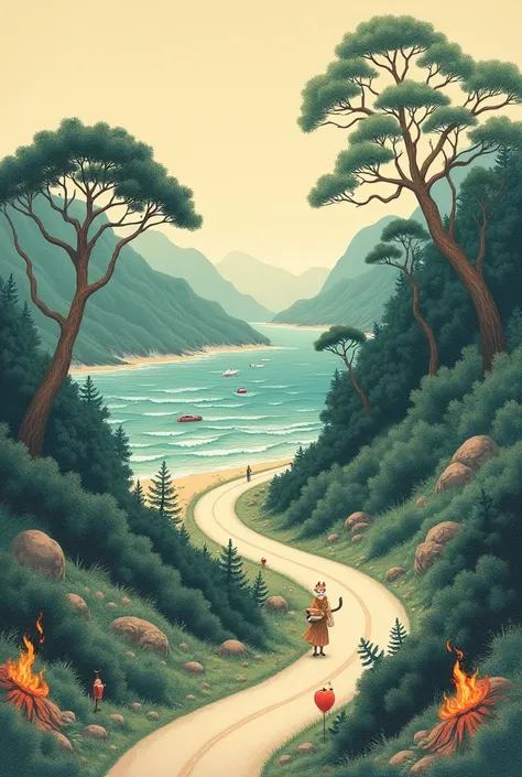  image Japanese painting of a mixture of biomes between the beach in the north and the forest in the south, cars passing by road.  that the image includes separately a cat, a catrina and a palm tree burning 