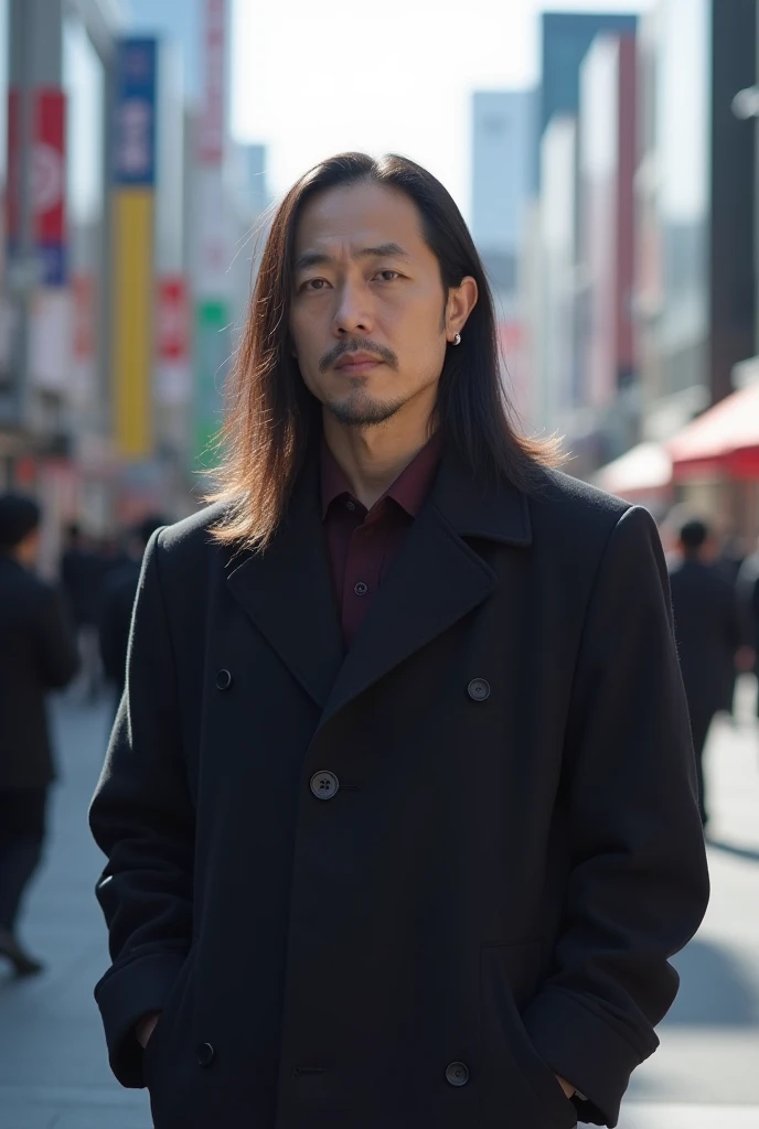 A Japanese man in his 30s, wearing a dark coat, long hair on the right side down to the left, and a barcode hairstyle to hide his bald head, took a very detailed full-body photograph. He stands on a busy street in broad daylight against a backdrop of moder...