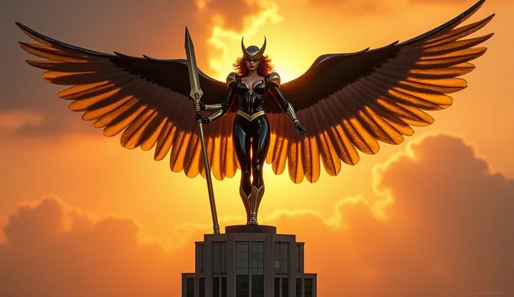 Hawkgirl in her seductive black & golden superhero armor with wings outstretched, standing atop a 1950s art deco skyscraper at sunset. Her helmet gleams, and her mace is raised defiantly. Her big boobs are giving boner, The backdrop features a dramatic ora...