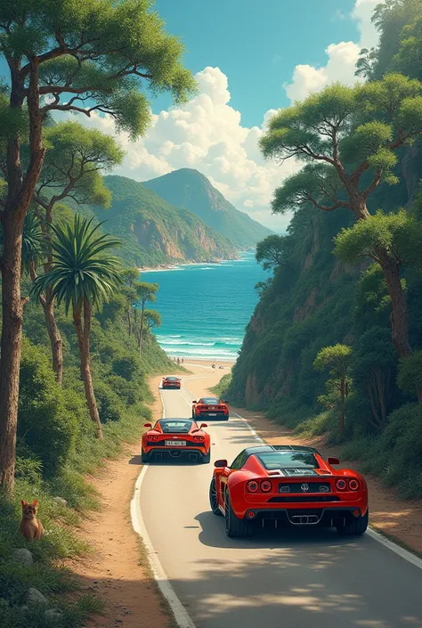  image Japanese painting of a mixture of biomes between the beach in the north and the forest in the south, on a vertical road with sports cars crossing the image . That includes separately a cat and a catrina walking 