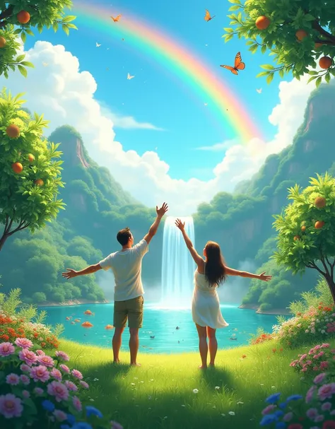  A man and a woman stretch their outstretched arms to the sky.  Beautiful green field .  Bushes full of flowers ,  lush fruit trees ,  bright sunshine .  White clouds .  Rainbow . Waterfall ,  Fish fluttering in a river .  Colorful fluttering butterflies .