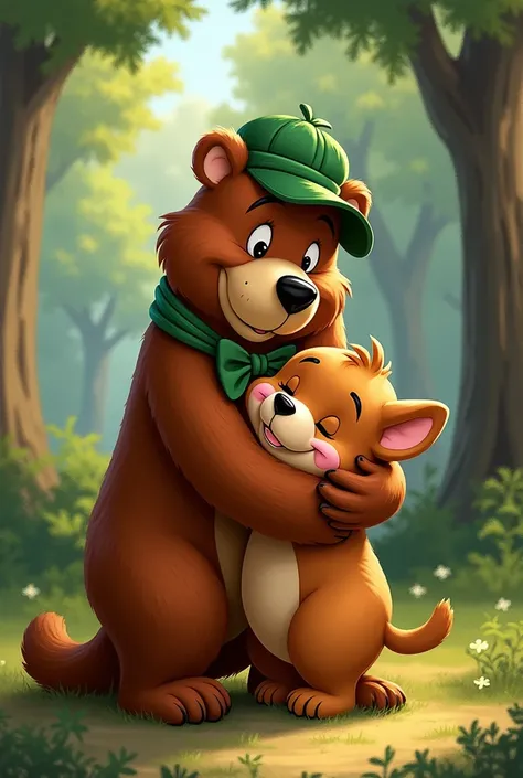 Create an image of the yogi bear hugging a sweetie in a loving way.