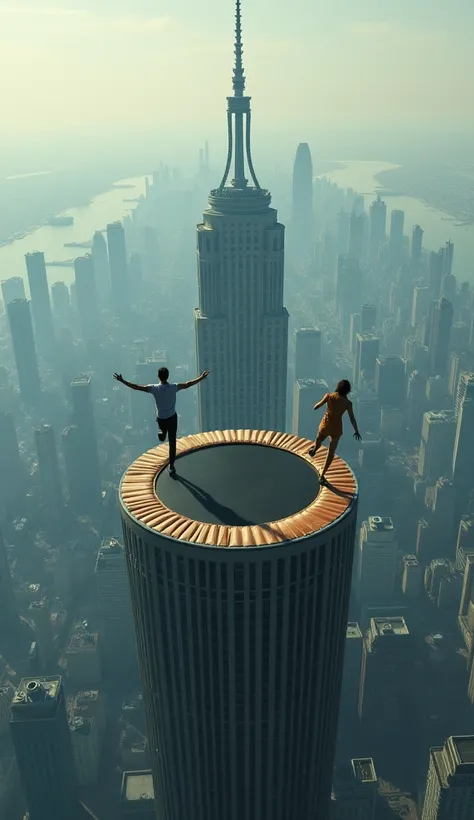 On the roof of a skyscraper, a trampoline where people jump ,  should look like this so you can fall off the trampoline at any time, which means off a skyscraper