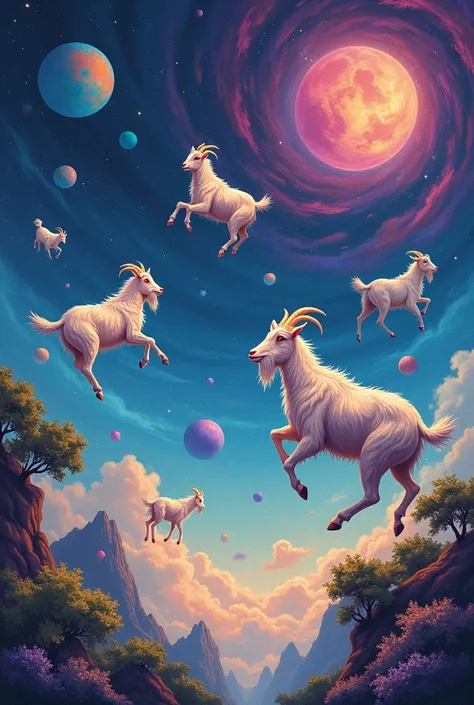 Colourful goats in the sky and on earth space for writing 