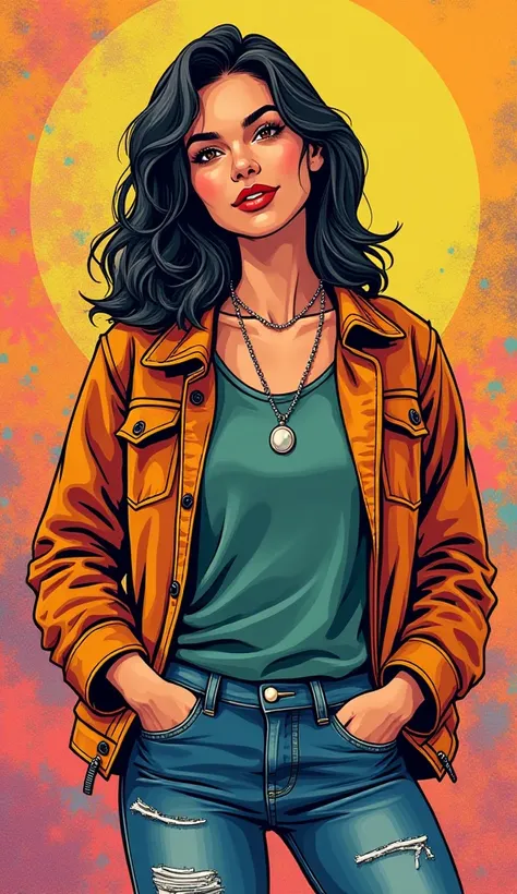 DISCREET image. with discreet casual clothes with diferent styles. image adult woman, american, comic book style. With a DISCREETO SMILE. IMAGES WITH VIBRANT COLORS.