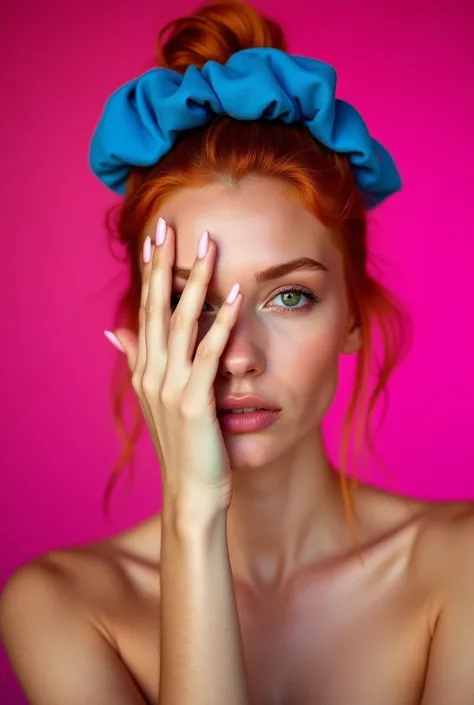  Photograph of a red-haired woman with brown skin with her hair tied up with a large blue scrunchie and with her hand covering her eyes, in the background color fuchsia  
