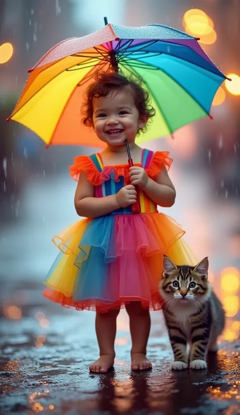 A cheerful baby dressed in a vibrant, multicolored dress with ruffled layers, holding a bright rainbow umbrella. She is accompanied by a cute, fluffy cat with striking markings, both smiling in a playful manner. The background features a dreamy, sparkling ...