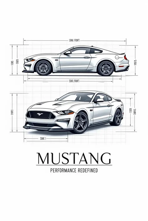 لإنشاء تصميم مشابه لهذا القميص ولكن لسيارة Ford Mustang باستخدام MidJourney، يمكنك استخدام النص التالي:

Prompt:

"A graphic design for a t-shirt featuring a technical blueprint-style illustration of a Ford Mustang. The design includes detailed front, side...