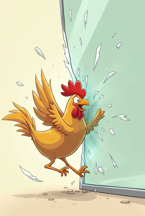 Animated hen crashing into glass from the front 