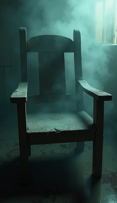 An old wooden chair with scratch marks on the arms, covered in dust. Around it, a faint mist and a sinister glow, as if something unseen surrounds it.