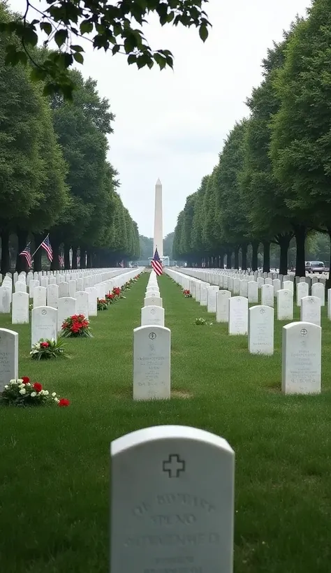 A panoramic view of Arlington National Cemetery, with neatly arranged graves and American flags alongside fresh flowers as a tribute to fallen heroes.