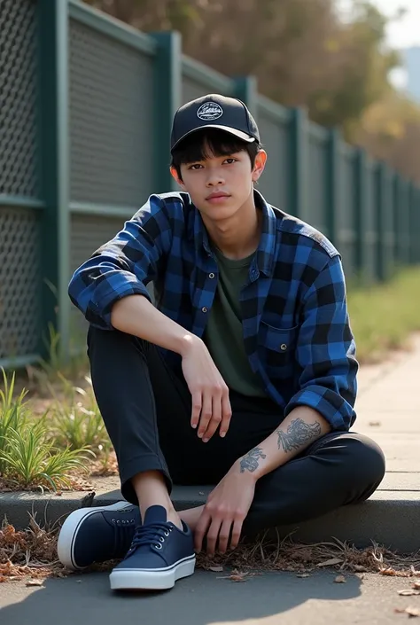 (photorealism:1.2), A young man,  He wears dark blue Vans shoes .  Aged about 18-25 years old , berambut black sedang duduk, mengenakan kemeja kotak-kotak biru dan black,  looking slightly towards the camera , dan topi bisbol black dengan logo.  Sitting . ...