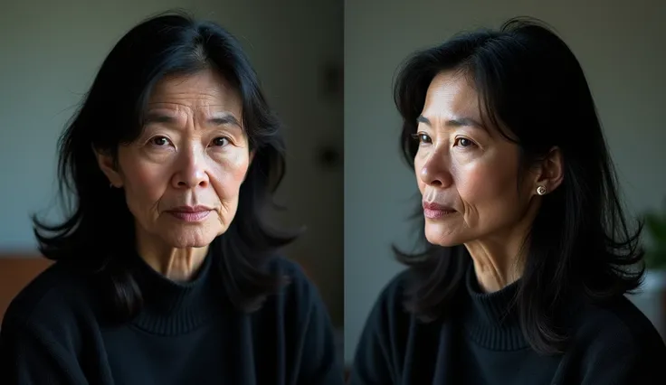 I need two images. One with her head turned and looking to the right and the other with her head turned and looking to the left, a realistic portrait of a 57-year-old woman with black hair and black eyes, wearing a black sweater. She sits on a chair in a s...