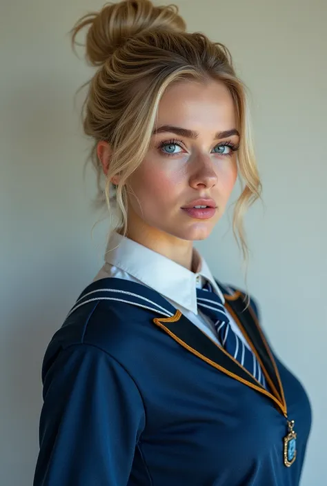 Portrait of Beautiful young woman, blonde hair in a bun, blue eyes, large breasts, wearing a Hogwarts Ravenclaw School Uniform. Hyper realistic 