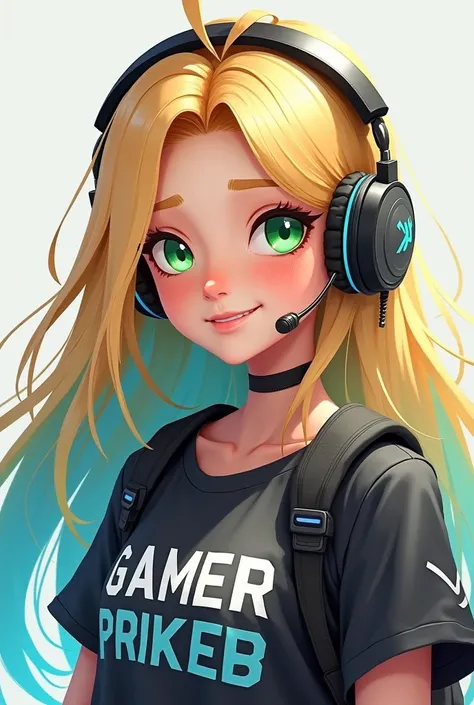  Girl with long blonde hair with blue tips.  green eyes . light skinned. And dressed as a gamer 