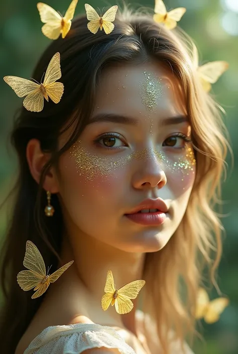 Landscape of a woman with a face full of glittering glitter , decorated with transparent butterflies in gold and green floating around her.  Her face has a soft expression and sparkling lips with makeup that reflects light.  A soft glowing background with ...