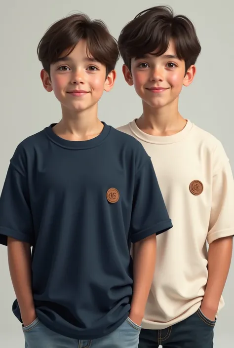 "Picture should be realistic "
2 boy just wearing 2 drop-shoulder t-shirt 
( shoulder must be lose fitting)  ( navy blue , off white colour)
fabrics must be good quality 
There must be a brand logo named "CG"
and a small leather type seal