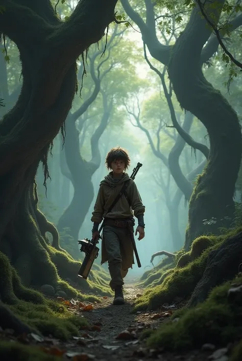 young man with short brown hair, weakling, skinny, mercenary, rpg in a dark forest