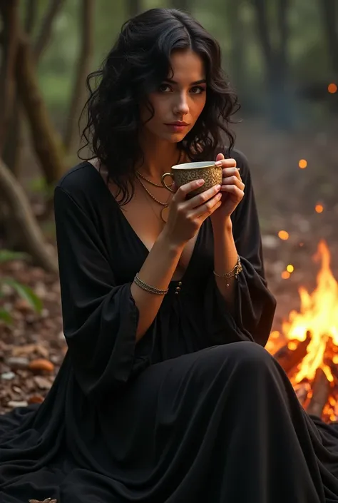 Gypsy woman in a black dress drinking from a cup 