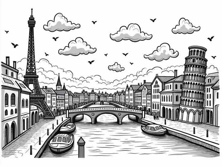 A colouring page in black and white in landscape format in a ratio of 4 to 3 with several sights from Europe in comic style and suitable for ren to color