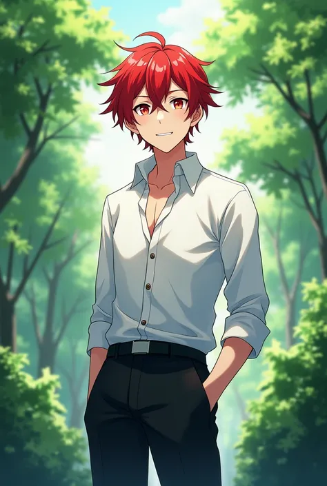 Tanjiro Kamado anime man smiling crimson eyes short crimson hair formal black pants white formal shirt unbuttoned from above in the garden full body anime style anime reference Demon Slayer