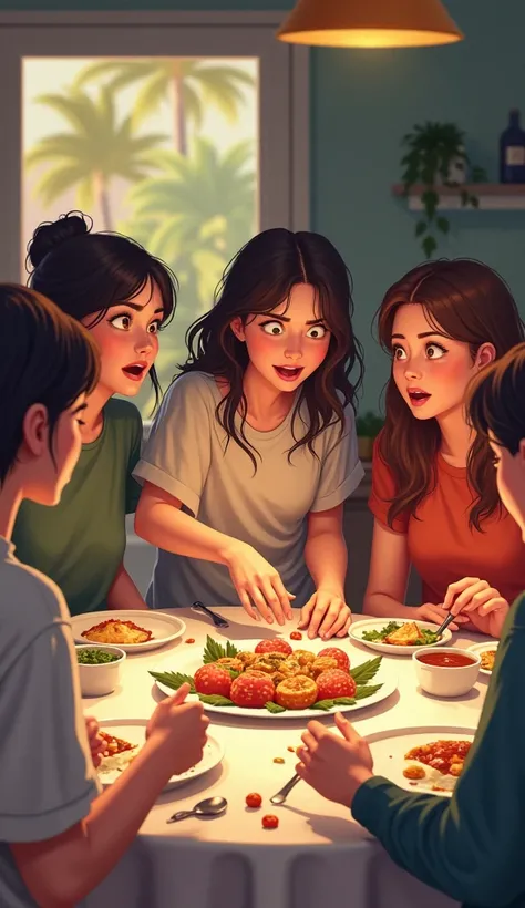 A group of friends sitting around a table after a meal, with one friend reaching for the last bits of food on everyone’s plates. The others look at them in disbelief, but they’re completely unfazed.