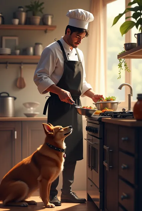 A cook who stands sideways and has a pan in his hand and has a cook dog on 