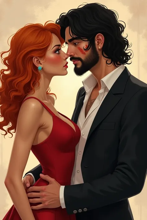  Create a character card . In a realistic style. The woman has orange hair ,  brown eyes and freckles on the nose .  She is wearing a red dress and her hair is curly.  The man in turn has black eyes ,  black wavy shoulder-length hair subtle beard. Scar thr...