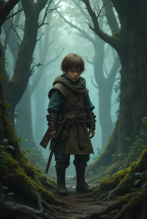 young adult with short brown hair, weakling mercenary, rpg in a dark forest