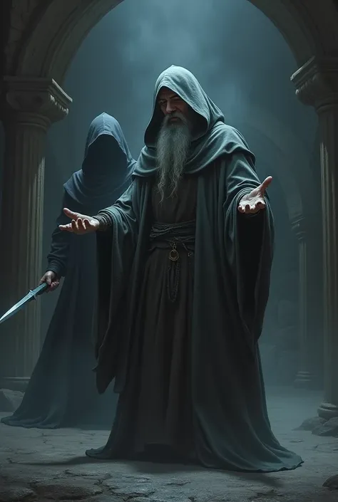 A wizard wearing gray clothes conjuring a magic ,  while a man emerges from the shadows behind his back with a dagger to assassinate him. mystery, terror, game of trhones.