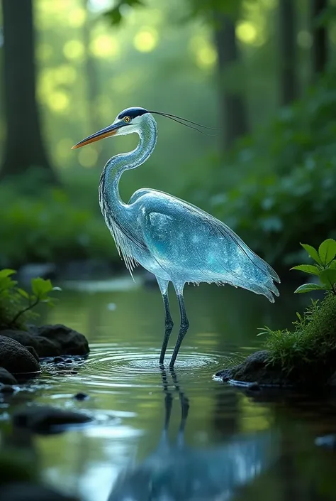 : A transparent heron composed of flowing, glass-like water, standing in a serene forest stream, surrounded by vibrant green foliage.