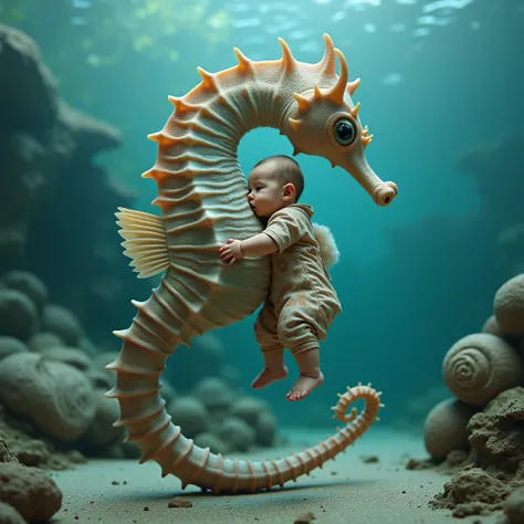  extremely hyper realistic ultra natural photo of A colossal Pacific seahorse Hippocampus ingens natural with a graceful, elongated body,  shells supporting a human baby in a Nautilus-inspired outfit with beige and brown spiral patterns , traveling across ...